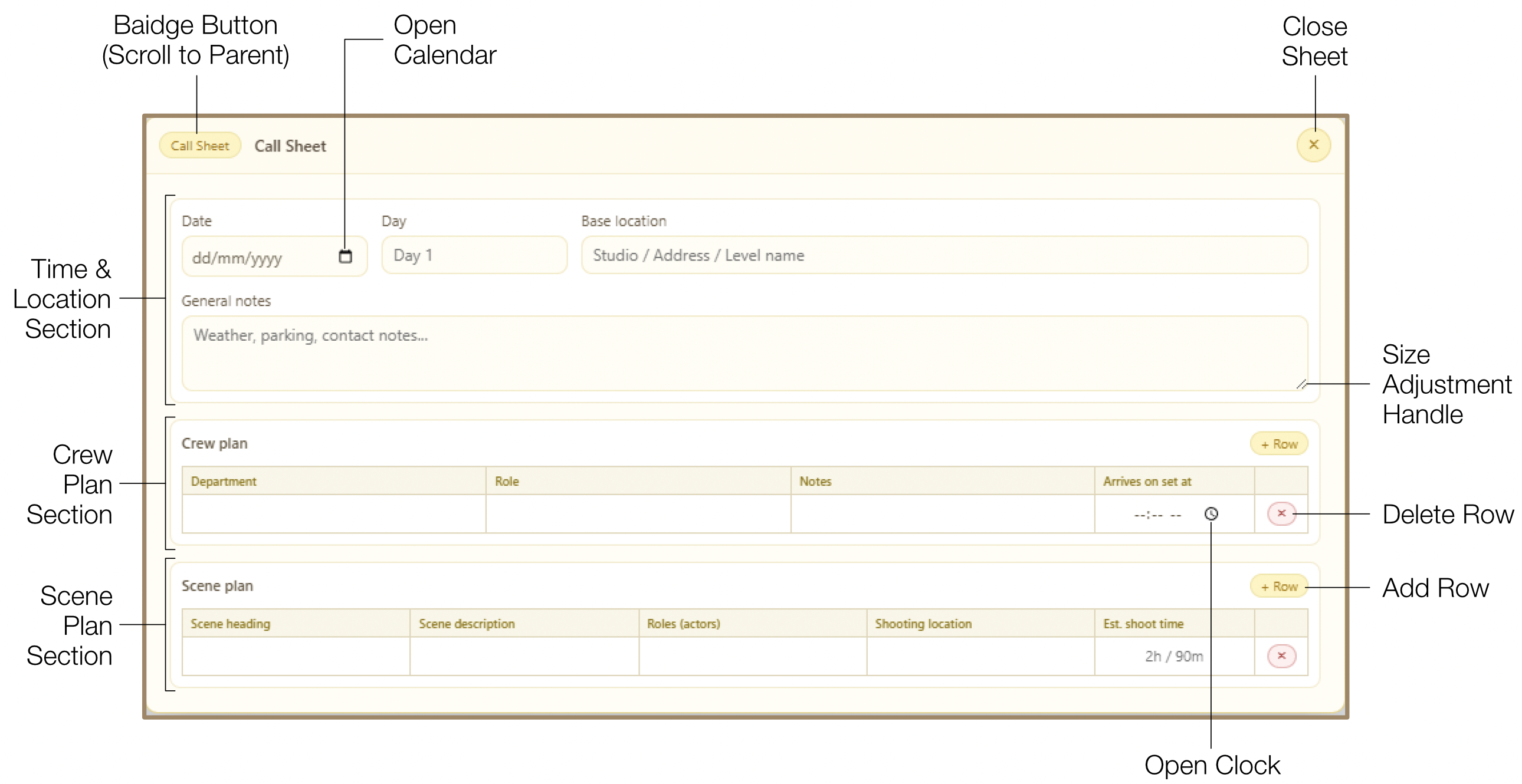 Call Sheet with Time & Location, Crew Plan, and Scene Plan sections